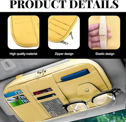 Car Sun Visor Organizer, Multi-Pocket Visor Storage Pouch Sunglasses Holder with Net Zippers, PU Leather Sunvisor Storage Bag with Elastic Band for Driving License Card Pen (Beige)