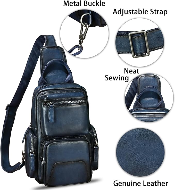 IVTG Genuine Leather Sling Bag Crossbody Casual Hiking Daypack Vintage Handmade Chest Bag Shoulder Backpack Motorcycle Pack (Blue)