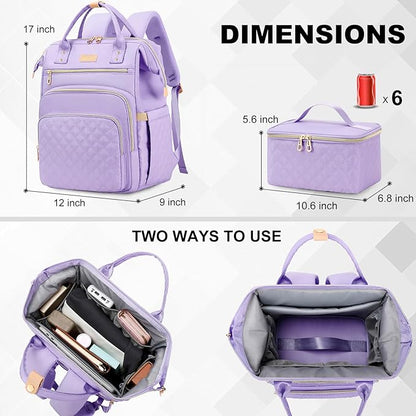 Lunch Backpack, 15.6 inch Laptop Backpack with Insulated Lunch Bag, Backpack Cooler for Women, Large Travel Backpack Lunch Box Compartment, Work Computer Backpack, Teacher College Book Bag, Purple