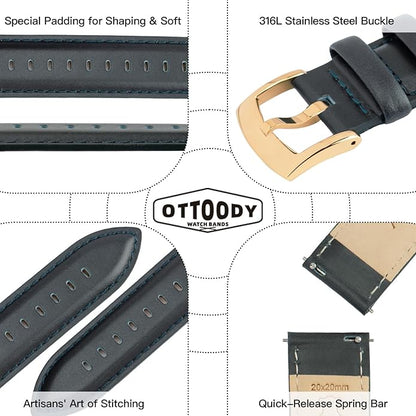 OTTOODY Leather Watch Bands Quick Release, Elegant Top Grain Leather Watch Straps for Men & Women, Choice of Color & Width - 18mm, 19mm, 20mm, 21mm or 22mm Wristbands Bracelet for Watch & Smartwatch