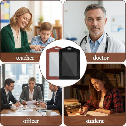 4 Pcs Leather ID Badge Holders, Waterproof Single-Side Clear Card Holders, Vertical Leather Name Badge Holder for Office Staff Students Employees (Black, Brown)