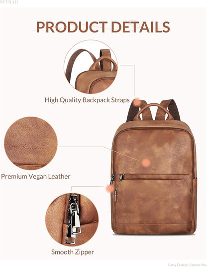 SYTRAH Leather Backpack for Women, Vintage 15.6 inch Laptop Backpack Purse for Women, College Casual Backpacks Ladies Computer Bags for Travel Business Work Mocha Brown