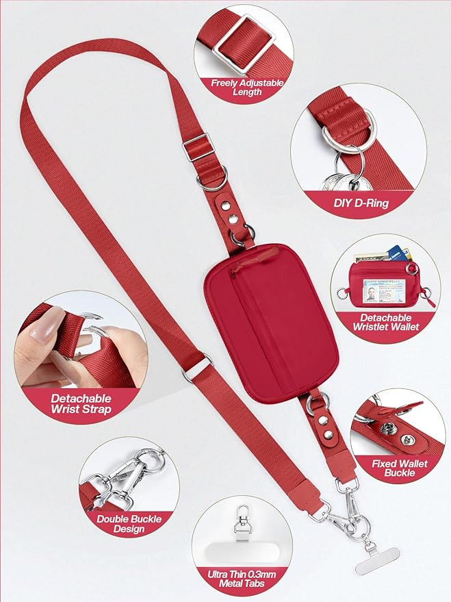Tiostep Clip and Go Strap for Phone with Wallet Crossbody Phone Lanyard Adjustable and Detachable Wristlet Wallet with ID Window and Zipper, Red