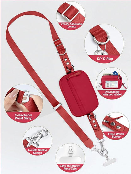 Tiostep Clip and Go Strap for Phone with Wallet Crossbody Phone Lanyard Adjustable and Detachable Wristlet Wallet with ID Window and Zipper, Red