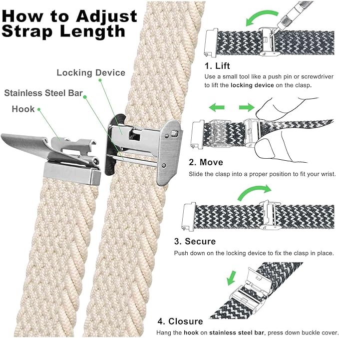 WOCCI 20mm Braided Nylon Watch Band for Men and Women, Quick Release, Silver Stainless Steel Buckle (Starlight)