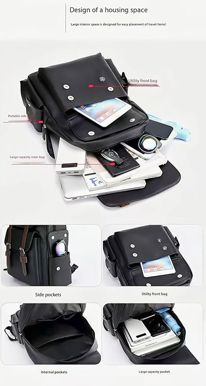 Business Men and Women PU Leather Backpack 15.6inch Laptop Waterproof Backpack Travel Commuter Lightweight schoolbag (Black backpack9,Medium)
