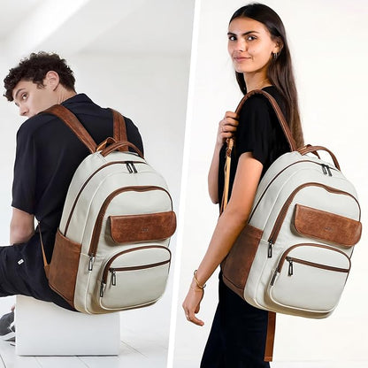 Leresas 37L Backpack Purse for Women Mens Teacher Bag Work Travel Back Pack Vegan Leather Laptop College Daypack Business Computer Book Bag Beige