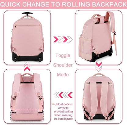 Arcoyard Rolling Backpack Carry On Luggage For Adults With Wheels, 40L Wheeled Backpack For Women, Travel Roller Backpack, Rolling Bag, Pink