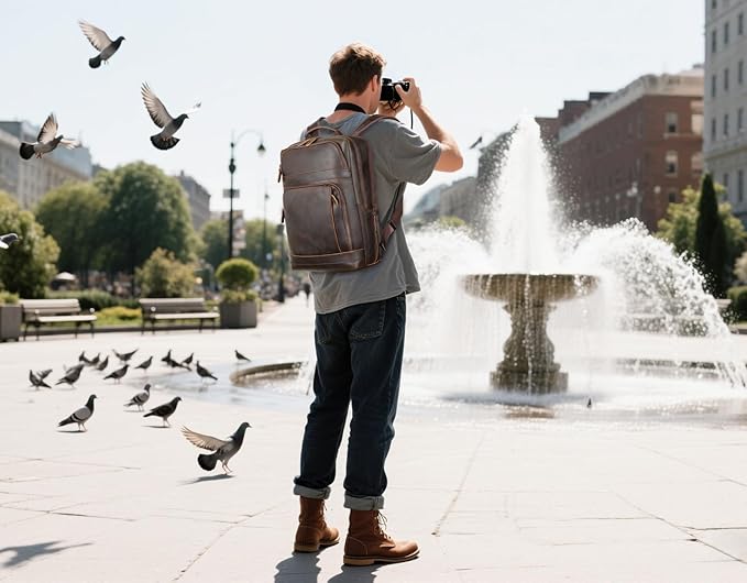 Masa Kawa Brown Leather Laptop Backpack for Men Fits 16” 15.6” Computer, Vintage Business Travel Work Large Daypack Weekender Bag Camping Rucksack