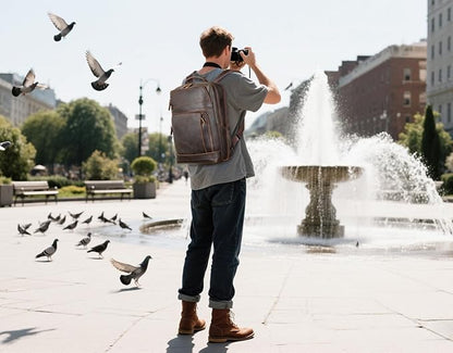 Masa Kawa Brown Leather Laptop Backpack for Men Fits 16” 15.6” Computer, Vintage Business Travel Work Large Daypack Weekender Bag Camping Rucksack