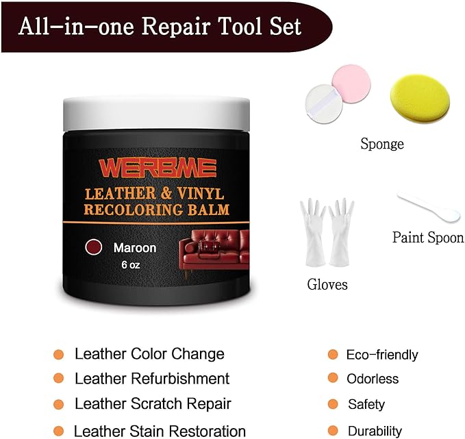 Leather Recoloring Balm & Color Restorer - Multipurpose Dye & Paint for Faded Leather Couches, Car Seats, Shoes | Fix Scratches on Clothing, Furniture & Accessories(Maroon)