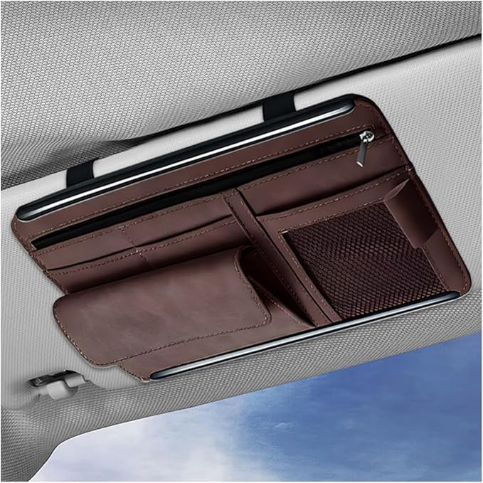 Sun Walker Car Sun Visor Organizer, Suede Leather Visor Storage Pouch Holder with Net Zipper, Multi-Pocket Vehicle Sunshade Organizer for Eyeglasses Card License Registration (Brown)