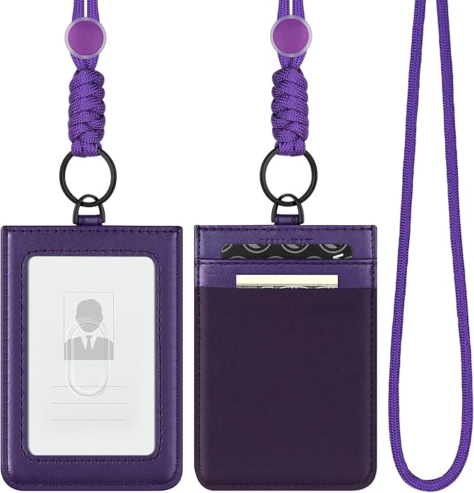 VULKIT ID Badge Holder with Lanyard for Women and Men Vertical Leather Badge Holder with Clear ID Window Card Holder Slot and Money Pocket Purple