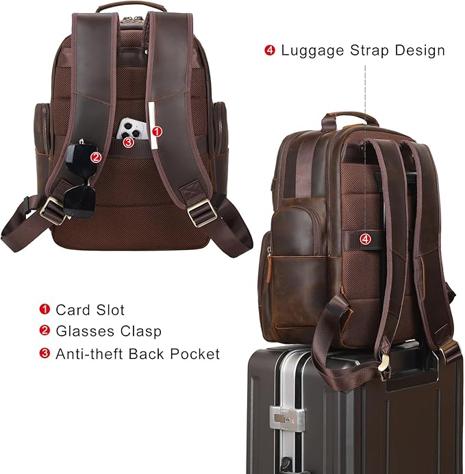 TIDING Men's Vintage Leather Backpack 15.6" Laptop Bag Large Capacity Business Travel Hiking Shoulder Daypacks