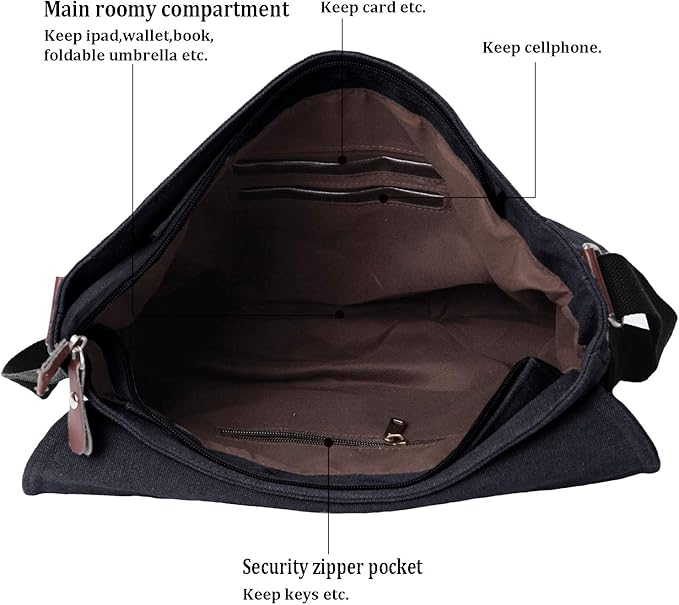 Mactso Vintage Canvas Messenger Bag for Men Women, 13.5 Inch Laptop Satchel Shoulder Bag with Multiple Pockets, Crossbody Bag for Work Travel College (Black)