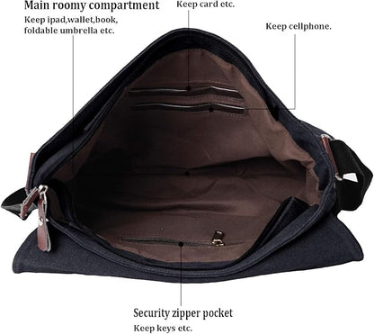 Mactso Vintage Canvas Messenger Bag for Men Women, 13.5 Inch Laptop Satchel Shoulder Bag with Multiple Pockets, Crossbody Bag for Work Travel College (Black)