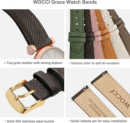 WOCCI 16mm Grace Leather Watch Band for Ladies, Top Grain Leather, Quick Release Replacement Strap with Gold Buckle (Dark Brown)