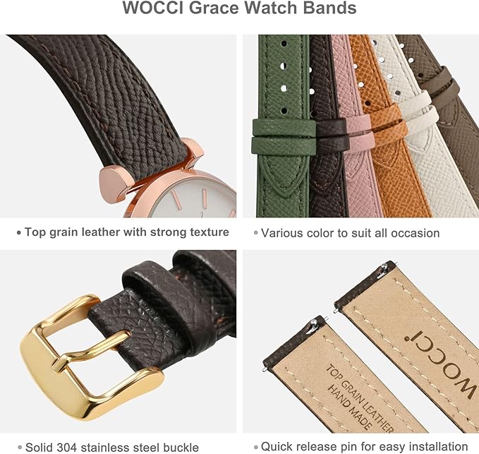 WOCCI 14mm Grace Leather Watch Band for Ladies, Top Grain Leather, Quick Release Replacement Strap with Gold Buckle (Dark Brown)