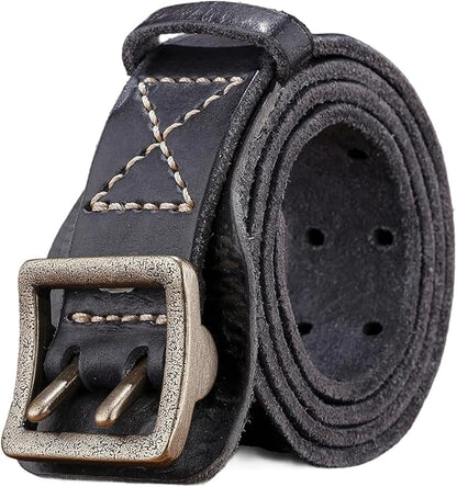 Handcrafted Vintage Style Leather Belt, Brown Full-Grain Leather, Brass Buckle, Double Stitched Design, Casual Wear