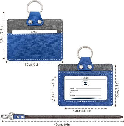 Badge Holder: Boshiho Cowhide Leather ID Badge Card Holder with 19" Neck Lanyard, Horizontal Style (Blue-Dark Gray)