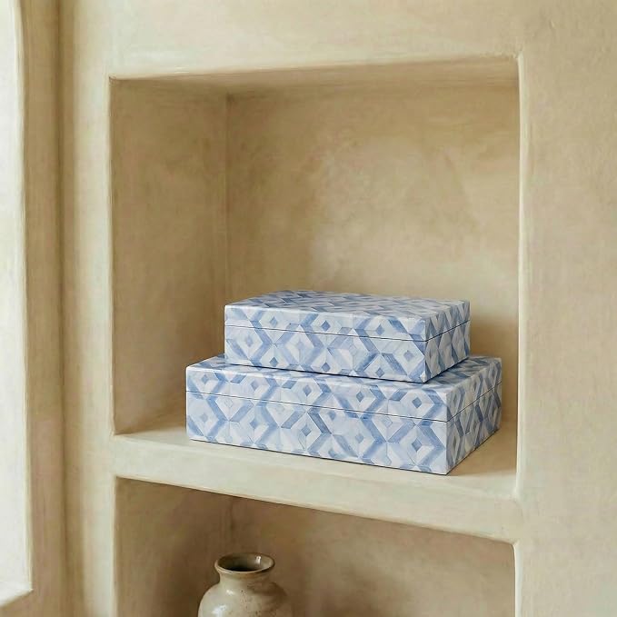 ZICOTO Decorative Storage Boxes with Lids - Set of 2 Beautiful Organizer Bins for Your Bookshelf Home Decor - Safely Store Photos, Documents and Memory Box Keepsakes on Your Shelves in Style
