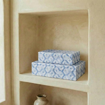 ZICOTO Decorative Storage Boxes with Lids - Set of 2 Beautiful Organizer Bins for Your Bookshelf Home Decor - Safely Store Photos, Documents and Memory Box Keepsakes on Your Shelves in Style