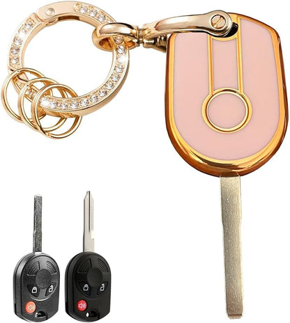 Keyless Entry Systems Key for Ford Key Fob Cover Shell with Keychain Fit for Ford Transit Mustang Fusion Lincoln Mercury Smart Key (3Buttons Gold-Pink)