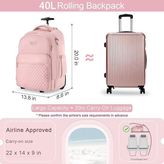 Arcoyard Rolling Backpack Carry On Luggage For Adults With Wheels, 40L Wheeled Backpack For Women, Travel Roller Backpack, Rolling Bag, Pink