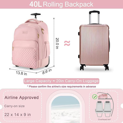 Arcoyard Rolling Backpack Carry On Luggage For Adults With Wheels, 40L Wheeled Backpack For Women, Travel Roller Backpack, Rolling Bag, Pink