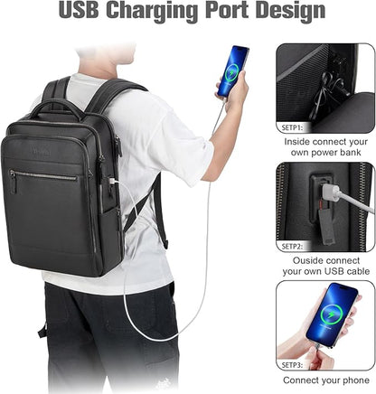 Tzowla Leather Laptop Backpack, Bag for Men and Women,Business Travel Work Rucksack Fits 15.6 Inch Laptop,Bookbag with USB and Type-C Charging Port-Black