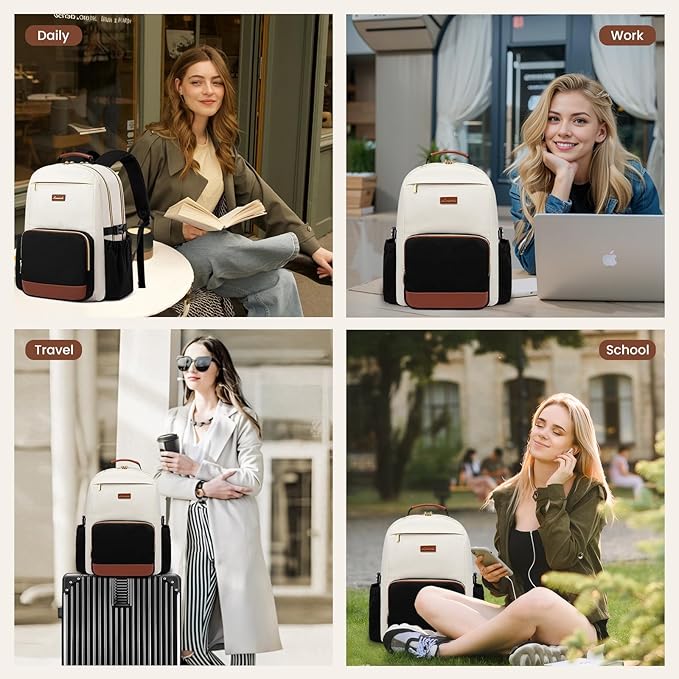 LOVEVOOK Laptop Backpack for Women with Pouch Pocket for Large Capacity Cup,15.6 Inch Laptop Computer Bag Travel Backpack Purse,Waterproof Work Business Backpack College Teacher Bag,Beige-Brown-Bbrown