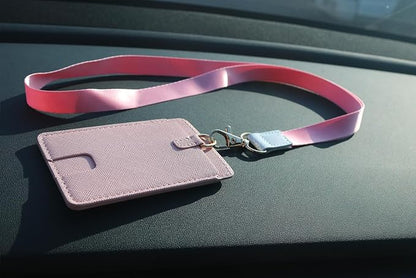 Leather ID Badge Holder,Slim Minimalist Elastic Credit Card Holder, Vertical Credit Card Holder for Men & Women with Neck Lanyard (Pink-C)