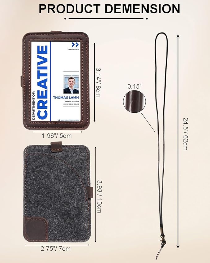 Genuine Badge Holder with Leather Lanyard, Soft Leather ID Card Holder with a Detachable Metal Clip, Clear Window, 2 Card Slots for Office & School IDs, Work Name Cards (Deep-Coffe 03)