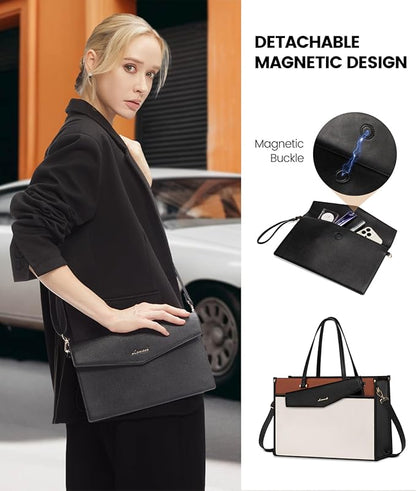 LOVEVOOK Laptop Bag for Women, 15.6'' Laptop Tote Purse 2-in-1 Professional Work Bag Business Briefcase with Clutch Purse, Waterproof Leather Computer Handbag for Teacher Office Travel