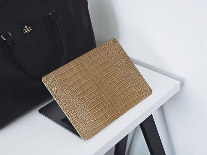 KEROM Compatible for Crocodile MacBook Pro 13 Inch Case 2025-2016 M2 M1 A2338 A2289 A2251 A2159 A1989 A1706 A1708, Textured Elegant Aligator Skin Snakeskin PU Leather Hardshell & Keyboard Cover, Brown
