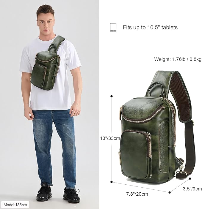 LANNSYNE Full Grain Leather Sling Bag For Men, Crossbody Chest Daypack Fits 10.5" iPad, Men’s Crossbody Bag