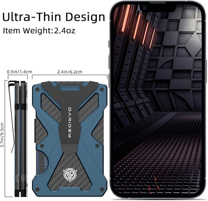 Minimalist Wallet for Men- Slim Aluminum Metal Money Clip Wallet with Clear ID Card Holder, Carbon Fiber Wallet, RFID Blocking, Holds up 15 Cards with Cash Clip, Ultra-Thin Tactical Wallet-Navy Blue