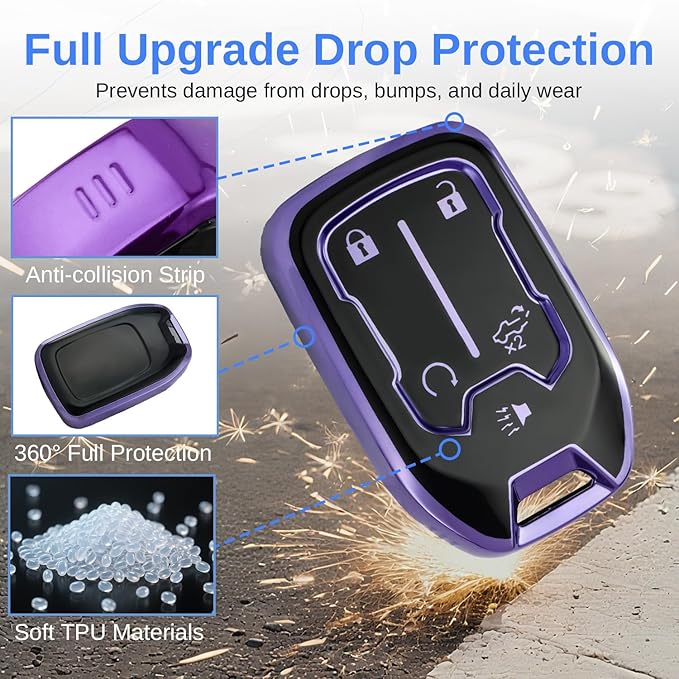 for GMC Key Fob Cover - TPU Key Shell Case Protector Compatible with Chevy Silverado and GMC Sierra 1500 2500HD 3500HD 5 Buttons Smart Remote Key, Purple