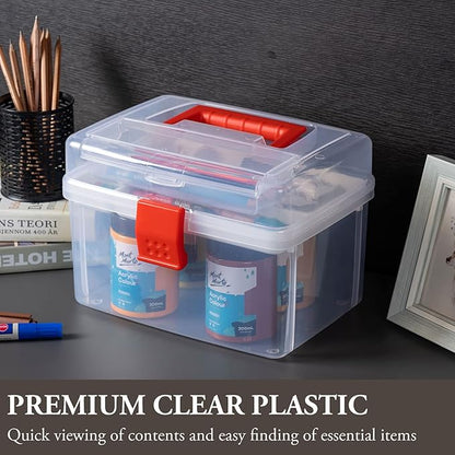 MyGift 10 Inch Premium Clear First Aid Bin with Detachable Tray and Quick Access Top Lid Flap, Portable Emergency Kit, Medical Supply Travel Tote, Medicine Storage Box Container (Red)