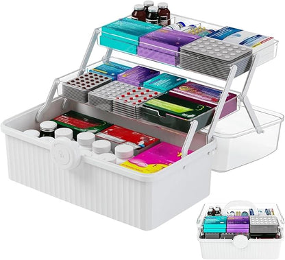 Yieach 13.3 Inch Craft Box Organizer and Medicine Organizer Storage with 2 Tier Tray,Multifunctional Plastic Sewing Organizers,Cute First aid Kit Empty Box with Handle and Craft Supply storage,White
