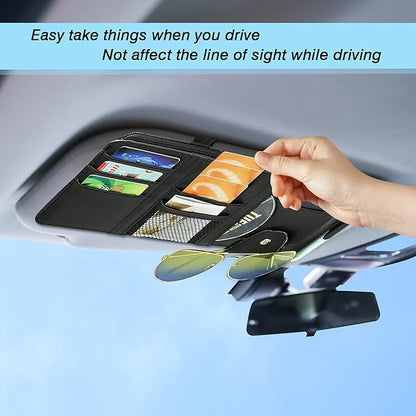 Car Sun Visor Organizer, Leather Pocket Organizer Sunglass Holder for Car Interior Accessories with Multi-Pocket Net Zipper, Black