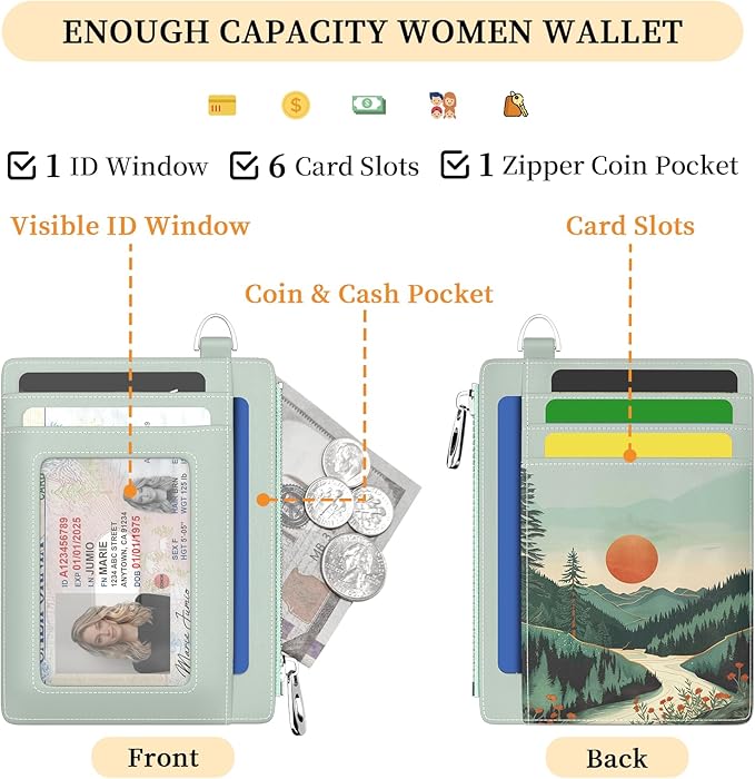 Hancynir Slim Wallet Women Credit Card Holder, Mountain Sunset RFID Blocking Small Mini Card Wallets, Cute Front Pocket PU Leather Card Case, Thin Travel Zipper Coin Cash Ladies Female Wallet Gifts