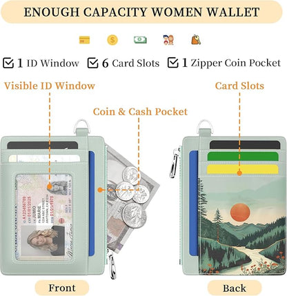 Hancynir Slim Wallet Women Credit Card Holder, Mountain Sunset RFID Blocking Small Mini Card Wallets, Cute Front Pocket PU Leather Card Case, Thin Travel Zipper Coin Cash Ladies Female Wallet Gifts