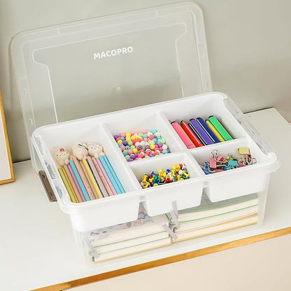 MACOPRO 17 QT Plastic Storage Box with Removable Tray, Bins with Lids, 2 Packs Clear Storage Container for Craft Supplies, Beads, Tools, Sewing, and Playdoh Organization(White, 2Pack-17QT)