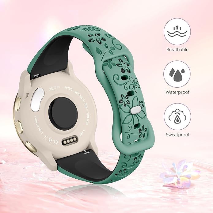Laband 18mm Floral Engraved Band Compatible With Garmin Venu 3S 41mm/Venu 2S/Vivoactive 4S/Vivomove 3S/Venu 4 41mm/Forerunner 255S/Forerunner 265S,Soft Slim Silicone Cute Embossed Flower Strap for Men