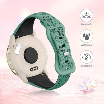 Laband 18mm Floral Engraved Band Compatible With Garmin Venu 3S 41mm/Venu 2S/Vivoactive 4S/Vivomove 3S/Venu 4 41mm/Forerunner 255S/Forerunner 265S,Soft Slim Silicone Cute Embossed Flower Strap for Men