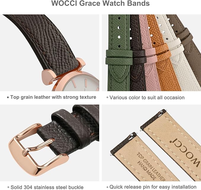 WOCCI 14mm Grace Leather Watch Band for Ladies, Top Grain Leather, Quick Release Replacement Strap with Rose Gold Buckle (Dark Brown)