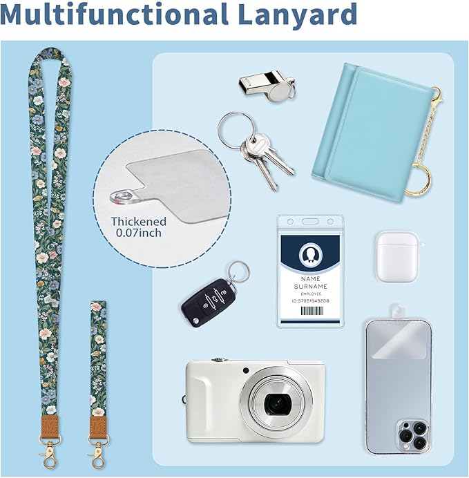 Lanyard Wallet with Id Badge Holder, Floral RFID Small Keychain Wallet Women Wristlet, Cute Zipper Credit Card Holder Phone Wrist Neck Strap for Key Name Tag, Teacher Student Office Gifts