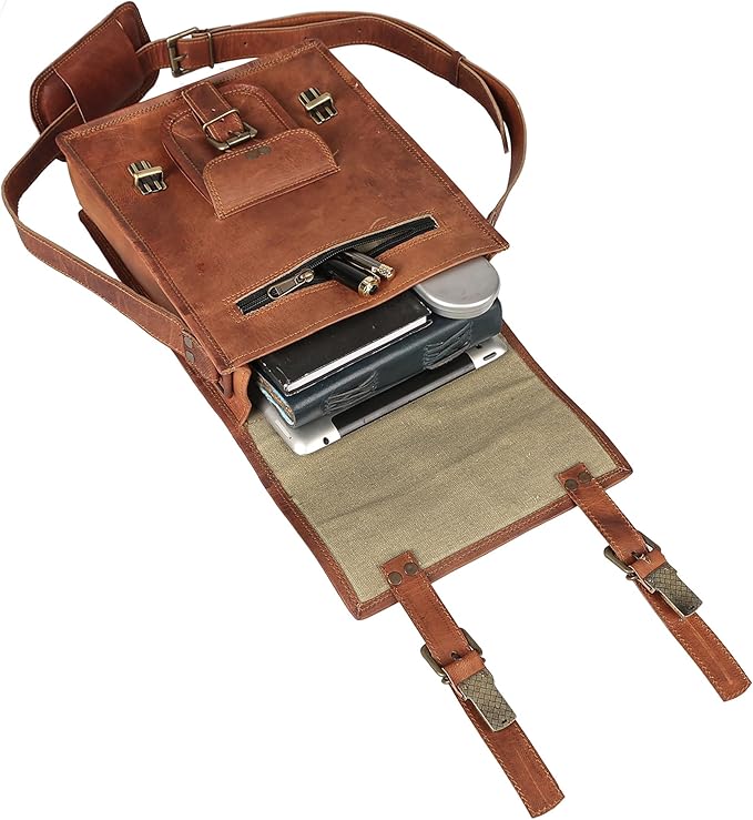 Leather crossbody bag messenger satchel tablet bag 11 inches for men and women (Brown)