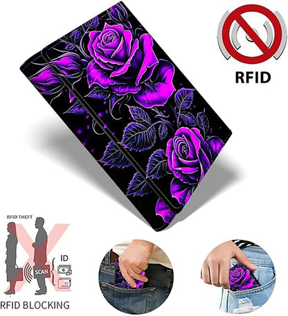 Minimalist Wallet for Men's Card Holders, Pop-Up Card Case Durable Wallets for Women, Leather Automatic Credit Card Holder with Metal Money Clip RFID Blocking Bifold Pocket, Purple Rose 01